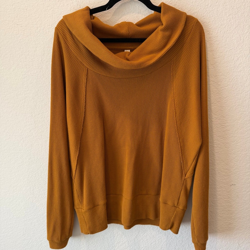 Pilcro Anthropologie Waffle Knit Cowl Neck Thermal Top Mustard Yellow XL